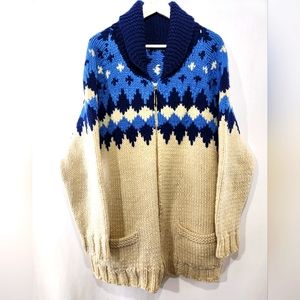 Incredible Hand Knit Blue Ivory Fair Isle Yolk Shawl Collar Zip Up Wool Sweater